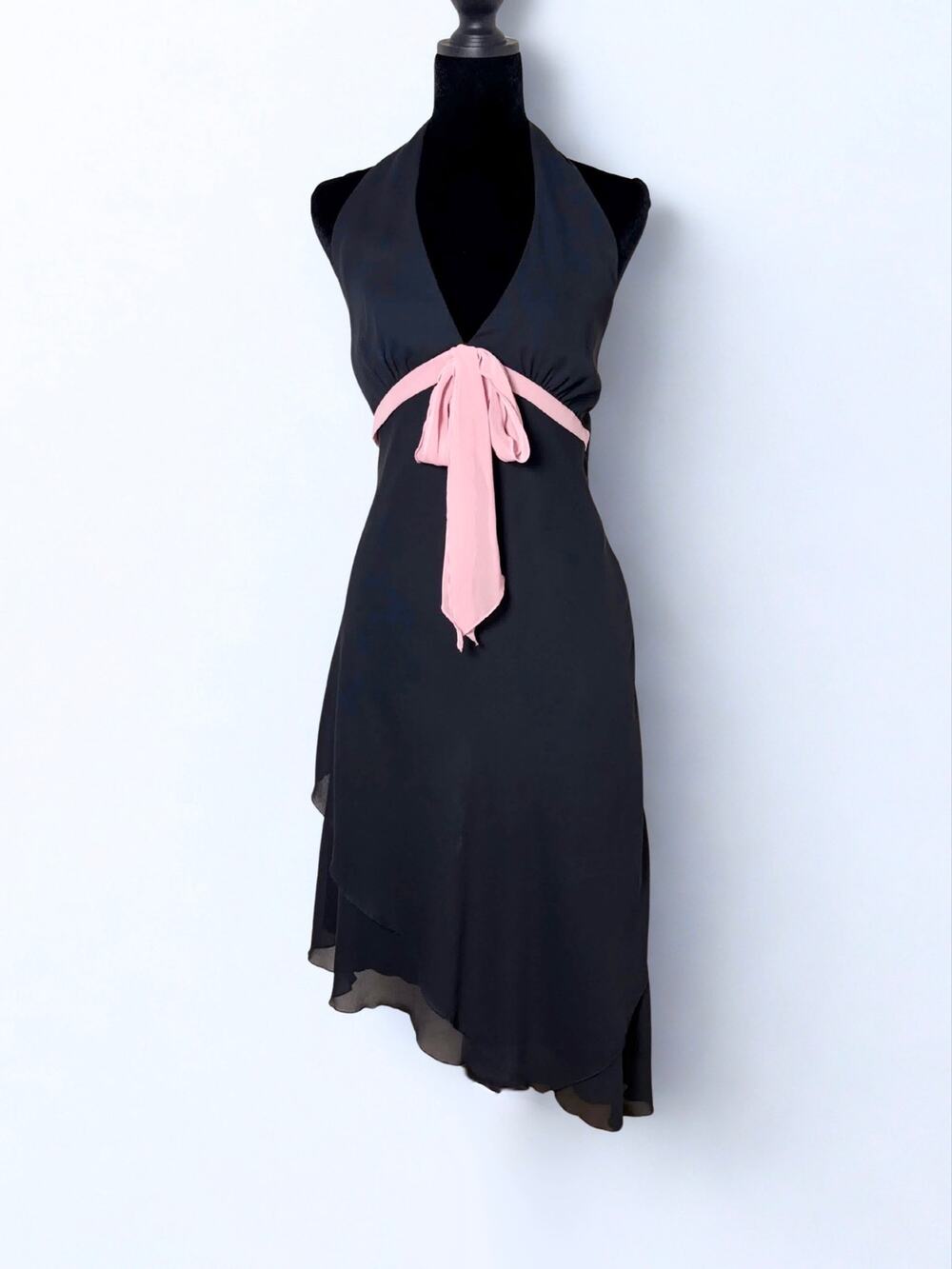 Vtg Y2K Bisou Bisou Black Halter Dress Pink Satin Ribbon Asymmetric Ruffle Hem